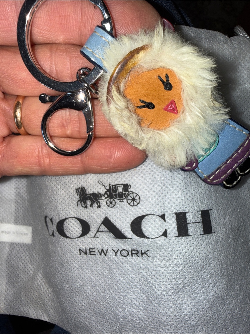 Coach leather and Fur Eskimo Keychain/Keyring/ Key Fob VTG.